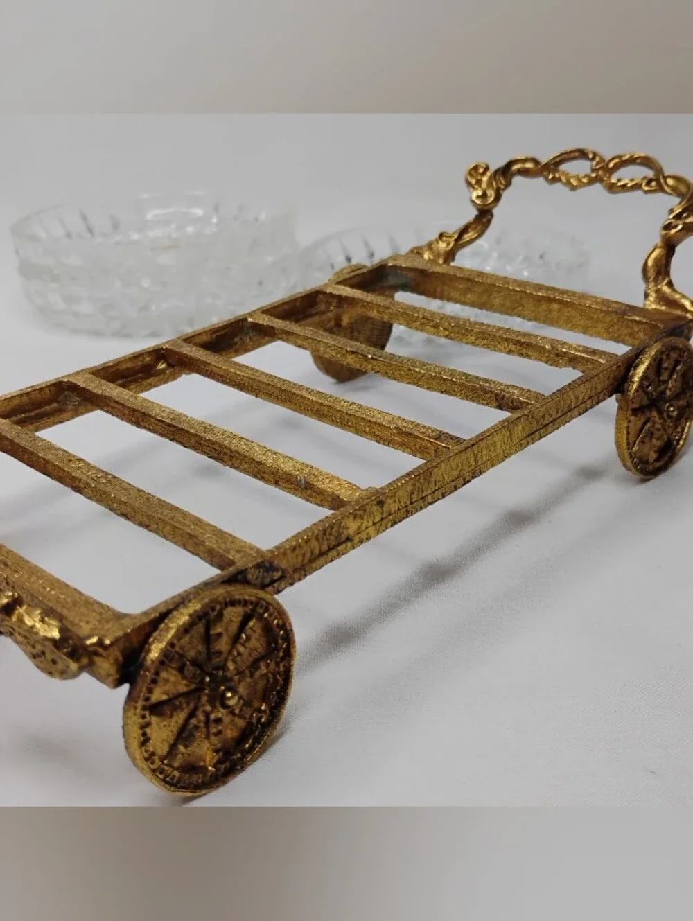 Vintage Bohemia Glass Czechoslovakian Crystal Coasters Set With Gold Plated Cart